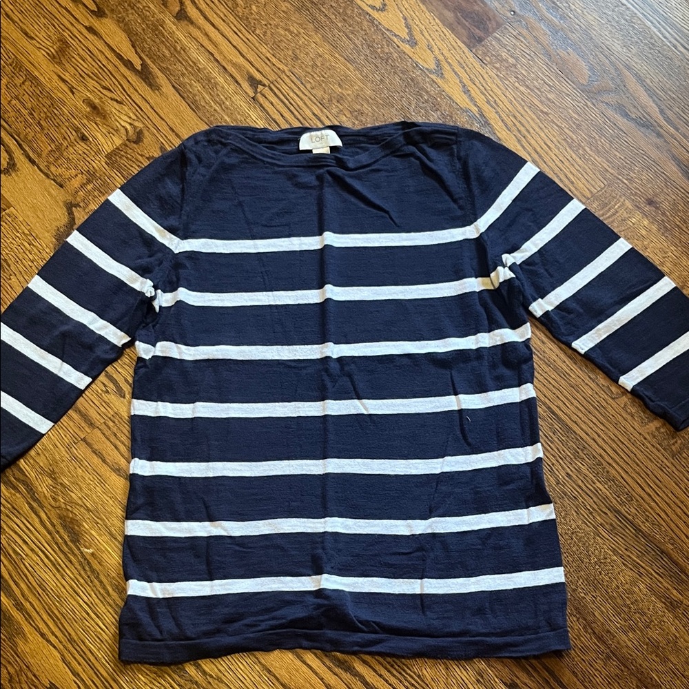 Loft Navy and White Striped 3/4 Sleeve Lightweight Sweater Medium